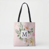 Moderne Aquarellfarben Rosa Blume Mit Monogramm Tasche (Vorderseite)