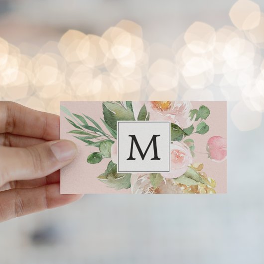 Moderne Aquarellfarben Rosa Blume Mit Monogramm Visitenkarte
