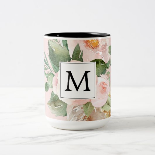 Moderne Aquarellfarben Rosa Blume Mit Monogramm Zweifarbige Tasse (Mittel)