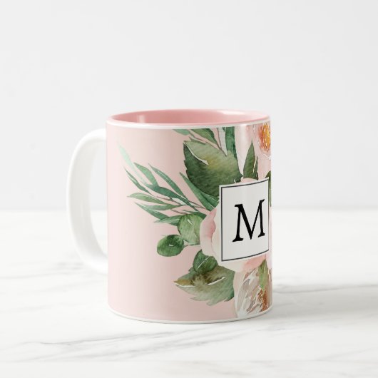 Moderne Aquarellfarben Rosa Blume Mit Monogramm Zweifarbige Tasse (Vorderseite Links)