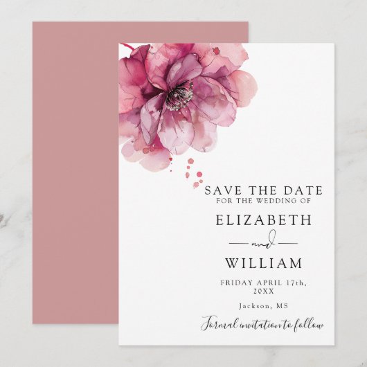 Moderne Aquarellfarben Rose Blumenzehen Save The Date (Vorne/Hinten)