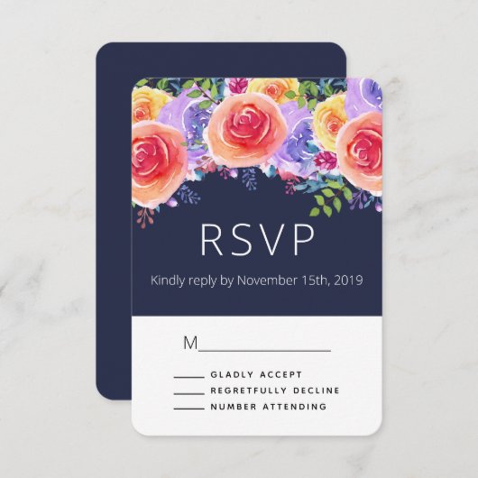 Moderne Aquarellfarben-Rose Floral Bouquet Weddin RSVP Karte (Vorne/Hinten)