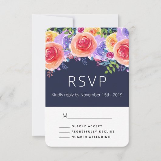 Moderne Aquarellfarben-Rose Floral Bouquet Weddin RSVP Karte (Vorderseite)
