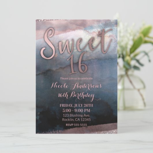 Moderne Aquarellfarben Rose Gold & Blue Sweet 16 P Einladung (Stehend Vorderseite)
