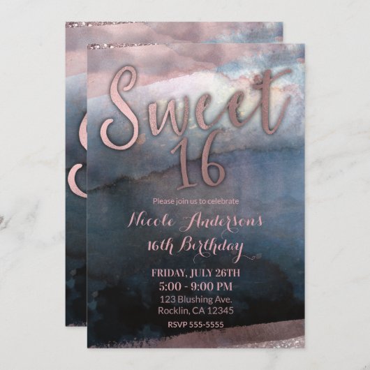 Moderne Aquarellfarben Rose Gold & Blue Sweet 16 P Einladung (Vorne/Hinten)