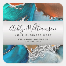 Moderne Aquarellfarben türkis silberfarben orange Quadratischer Aufkleber