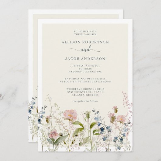 Moderne Aquarellfarben-Wildblume Blumenblauer Hoch Einladung (Vorne/Hinten)