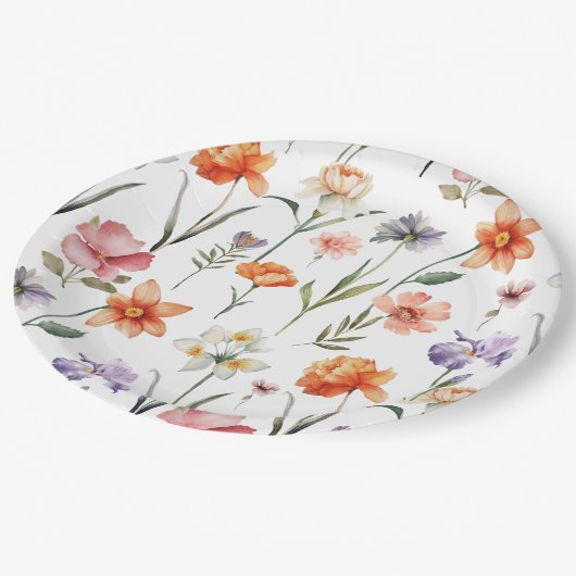 Moderne Aquarellfarben-Wildblume Blumenmuster Pappteller (Schrägansicht)