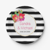 Moderne, Aquarellfarbene Blume & Streifen Blumenho Pappteller (Vorderseite)