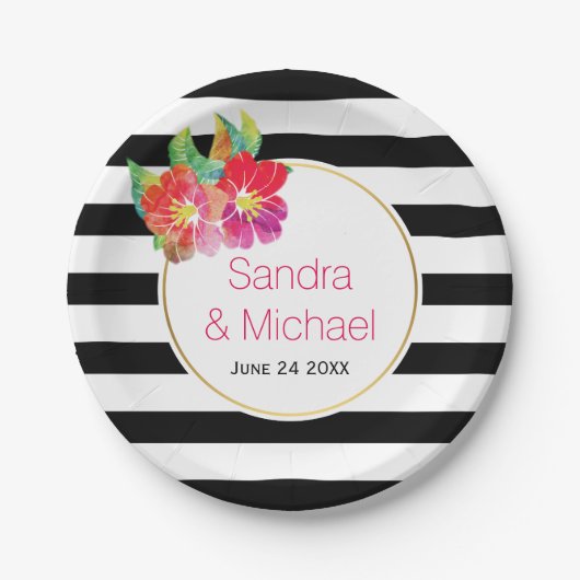 Moderne, Aquarellfarbene Blume & Streifen Blumenho Pappteller (Vorderseite)