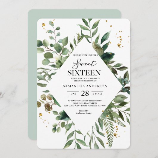 Moderne Aquarellflächen Rahmen & Gold Punkte Einladung (Vorne/Hinten)