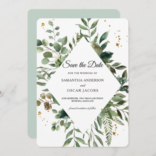 Moderne Aquarellflächen Rahmen & Gold Punkte Save The Date (Vorne/Hinten)