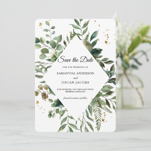 Moderne Aquarellflächen Rahmen & Gold Punkte Save The Date (Stehend Vorderseite)