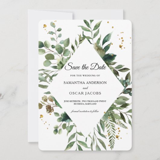 Moderne Aquarellflächen Rahmen & Gold Punkte Save The Date (Vorderseite)