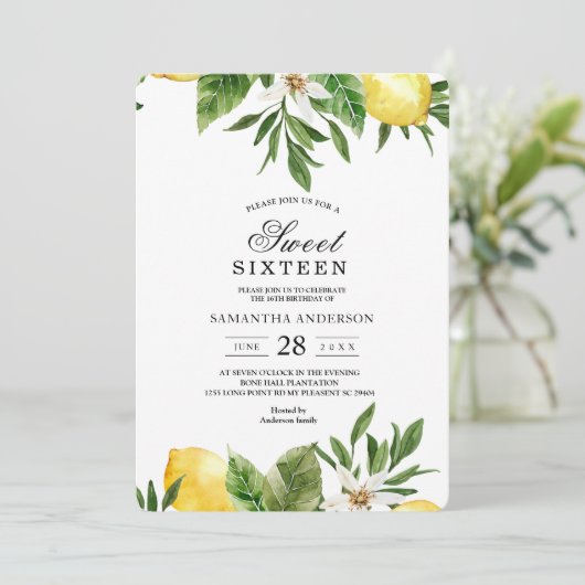 Moderne Aquarellgelbe Zitronen und Leaf Einladung (Stehend Vorderseite)