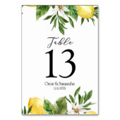 Moderne Aquarellgelbe Zitronen und Leaf Tischnummer (Rückseite)