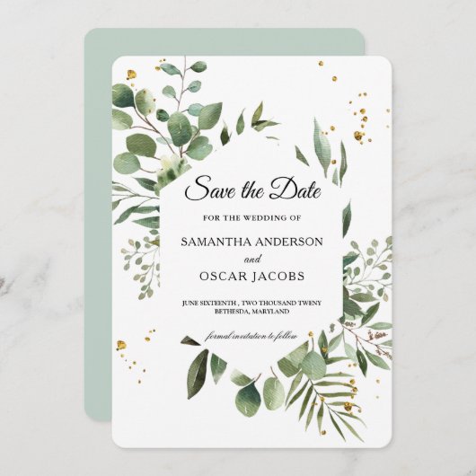 Moderne Aquarellgrün Eukalyptus Grünrahmen Save The Date (Vorne/Hinten)