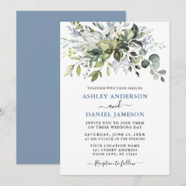 Moderne Aquarellgrüne Dusty Blue Wedding Einladung