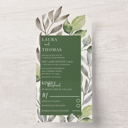 Moderne Aquarellgrüne Emerald Wedding All In One Einladung (Innen Boden)