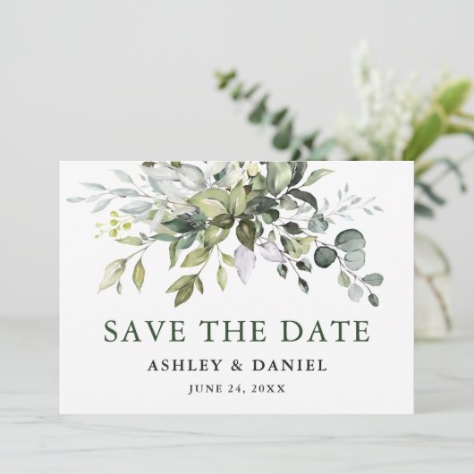 Moderne Aquarellgrüne Save The Date (Stehend Vorderseite)