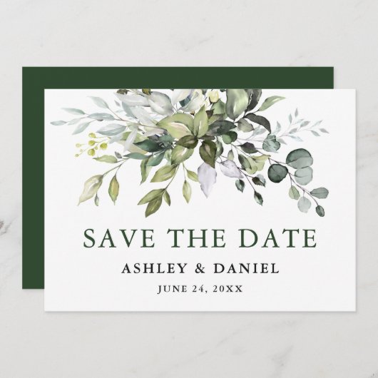 Moderne Aquarellgrüne Save The Date (Vorne/Hinten)
