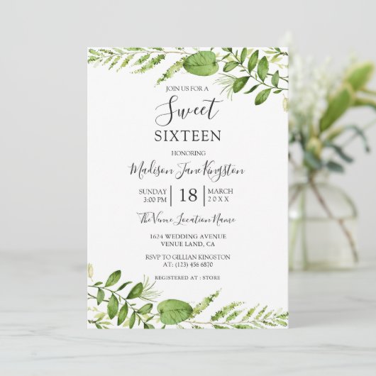 Moderne Aquarellgrüne Süße 16 Einladung (Stehend Vorderseite)