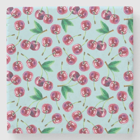 Moderne Aquarellkirschen: Juicy Berry Pattern Steinuntersetzer (Vorderseite)