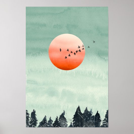 Moderne Aquarelllandschaft Sonnenuntergang Vögel B Poster (Vorne)