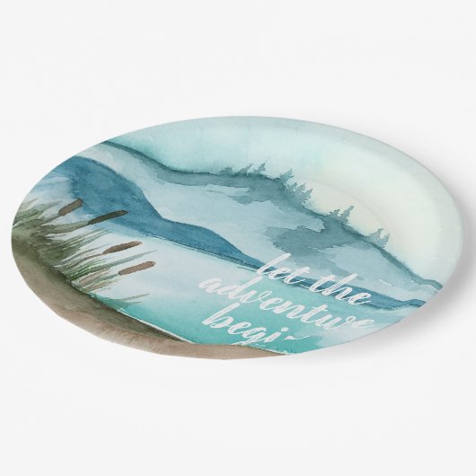 Moderne Aquarellnatur Das Abenteuer beginnt Pappteller (Schrägansicht)