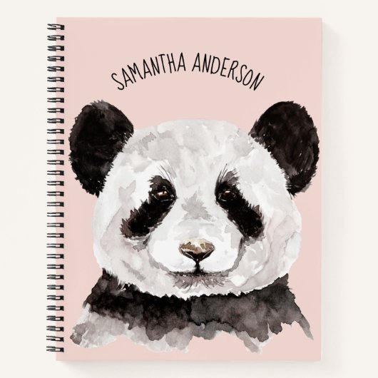 Moderne Aquarellpanda mit Namen und Pastellrosa Notizblock (Vorderseite)
