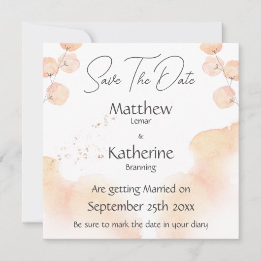 Moderne Aquarellpfirsichfarben Save the Date Hochz (Vorderseite)