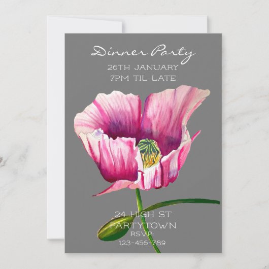 Moderne Aquarellpinke, rosa Mohnmalerei Einladung (Vorderseite)