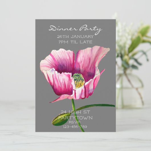 Moderne Aquarellpinke, rosa Mohnmalerei Einladung (Stehend Vorderseite)