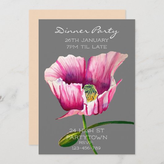 Moderne Aquarellpinke, rosa Mohnmalerei Einladung (Vorne/Hinten)