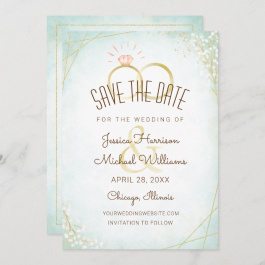 Moderne Aquarellrisse Twigs Bloom Aquamarin Geomet Save The Date (Vorne/Hinten)