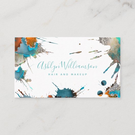 Moderne Aquarellschrift Silber Türkis Spritzer Dre Visitenkarte (Vorderseite)