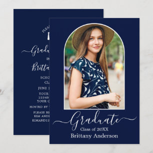 Moderne Arch Calligraphy Blue Graduation Party Einladung