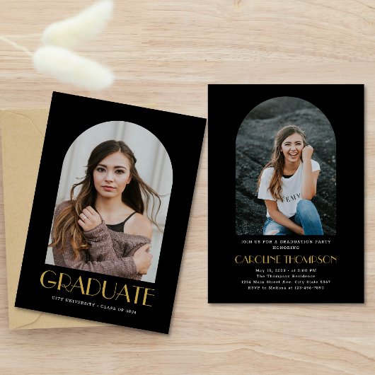 Moderne Arch Foto Black & Gold Graduation Party Einladung