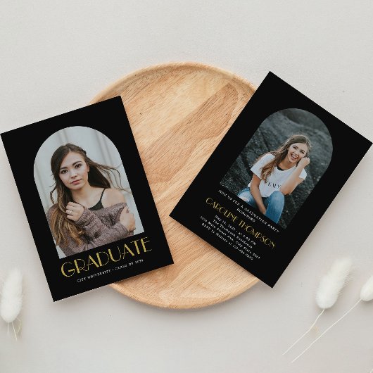 Moderne Arch Foto Black & Gold Graduation Party Einladung