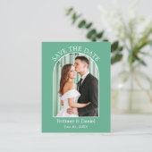 Moderne Arch Frame Neo Minze Save the Date grün Postkarte (Stehend Vorderseite)
