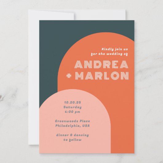 Moderne Arch Groovy Retro Hochzeit Einladung (Vorderseite)