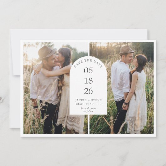 Moderne Arch-Hochzeit mit zwei Fotos Save The Date (Vorderseite)
