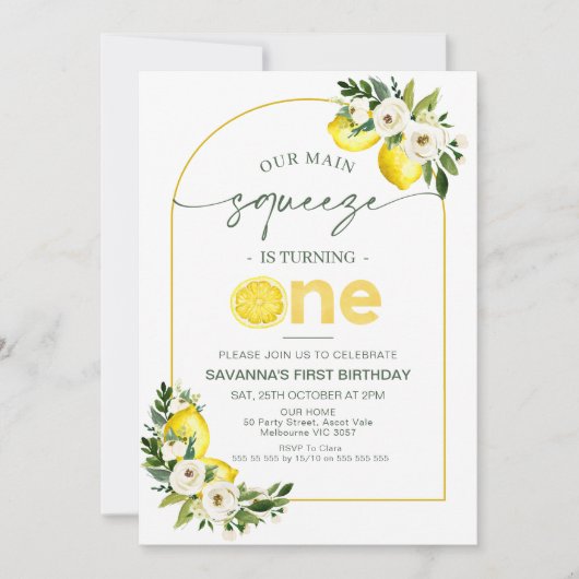 Moderne Arch Lemons unser Hauptpresse 1. Geburtsta Einladung (Vorderseite)
