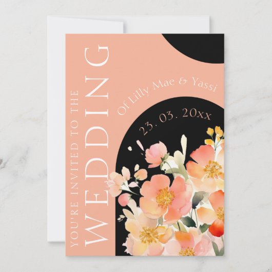 Moderne Arch Orange Peach and Black Floral Wedding Einladung (Vorderseite)