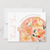 Moderne Arch Orange Peach Floral Wedding Dankeskarte (Vorderseite)