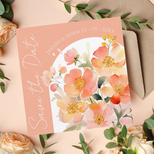 Moderne Arch Orange Peach Floral Wedding Save The Date