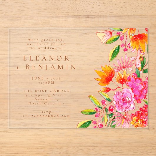 Moderne Arch Pink Orange Blumenhochzeit Acryleinladungen (Vorderseite)