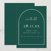 Moderne Arch Retro Minimalistisch Emerald Green Save The Date (Vorne/Hinten)