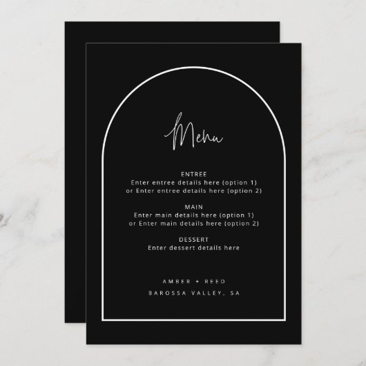 Moderne Arch Retro Minimalistisches Script Black W Menükarte (Vorne/Hinten)