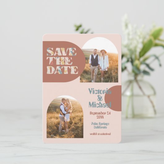 Moderne Arch Terrazzo Fotos Save the Date Einladung (Stehend Vorderseite)